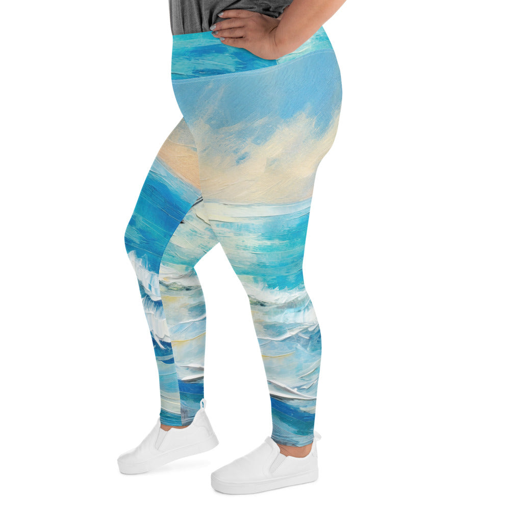 Womens Plus Size Fitness Leggings featuring a vibrant Blue Ocean Print, showcasing a comfortable high waistband and soft fabric.