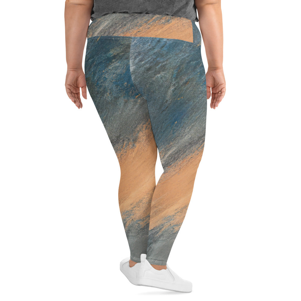 Womens Plus Size Fitness Leggings featuring a vibrant blue and orange abstract pattern, designed for comfort and style.