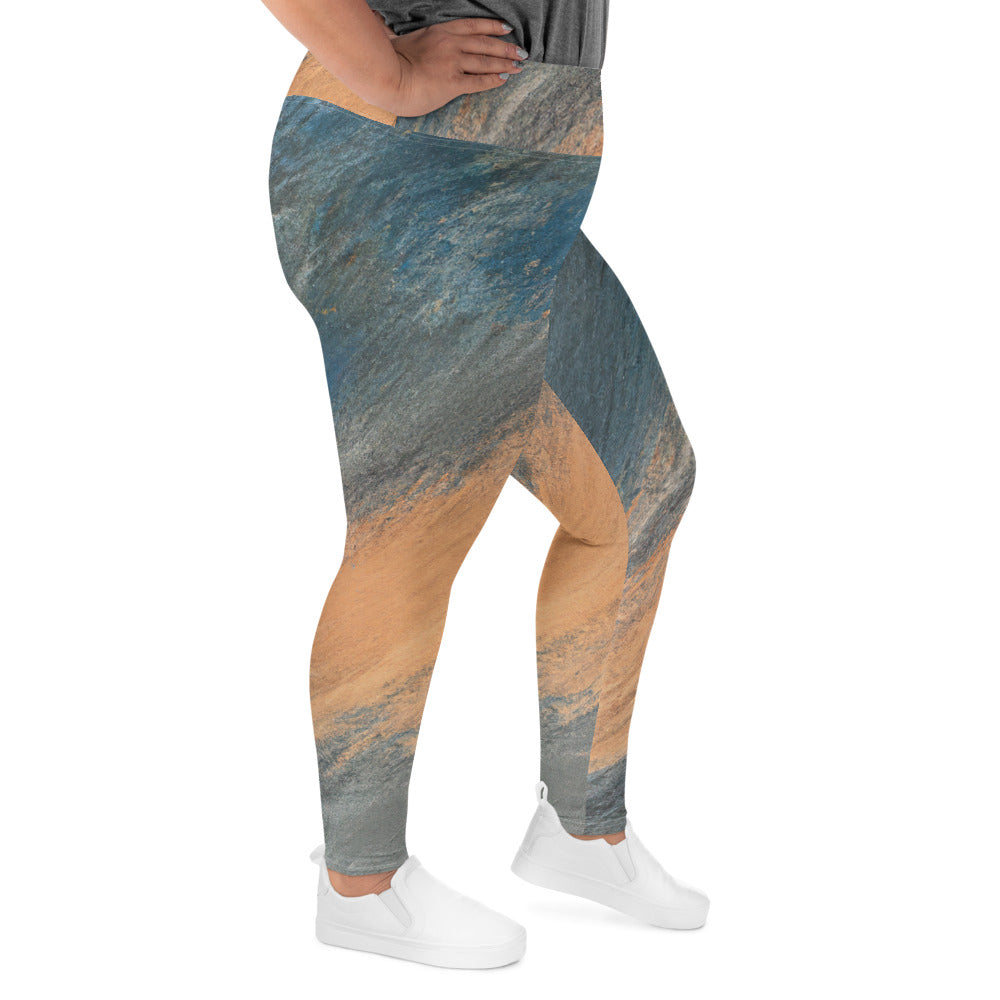 Womens Plus Size Fitness Leggings featuring a vibrant blue and orange abstract pattern, designed for comfort and style.