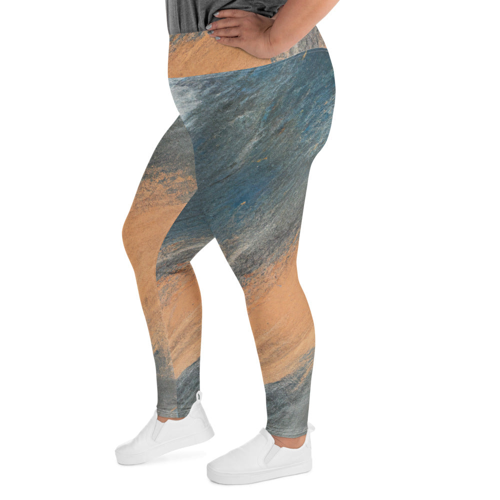 Womens Plus Size Fitness Leggings featuring a vibrant blue and orange abstract pattern, designed for comfort and style.