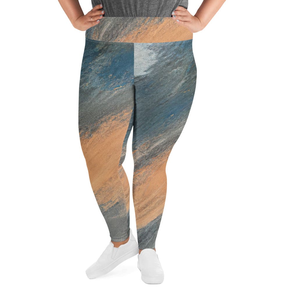 Womens Plus Size Fitness Leggings featuring a vibrant blue and orange abstract pattern, designed for comfort and style.