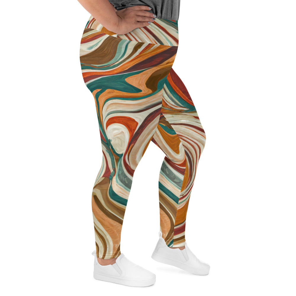 Womens Plus Size Fitness Leggings in Boho Brown Marble Print, showcasing a soft fabric and high waistband design.