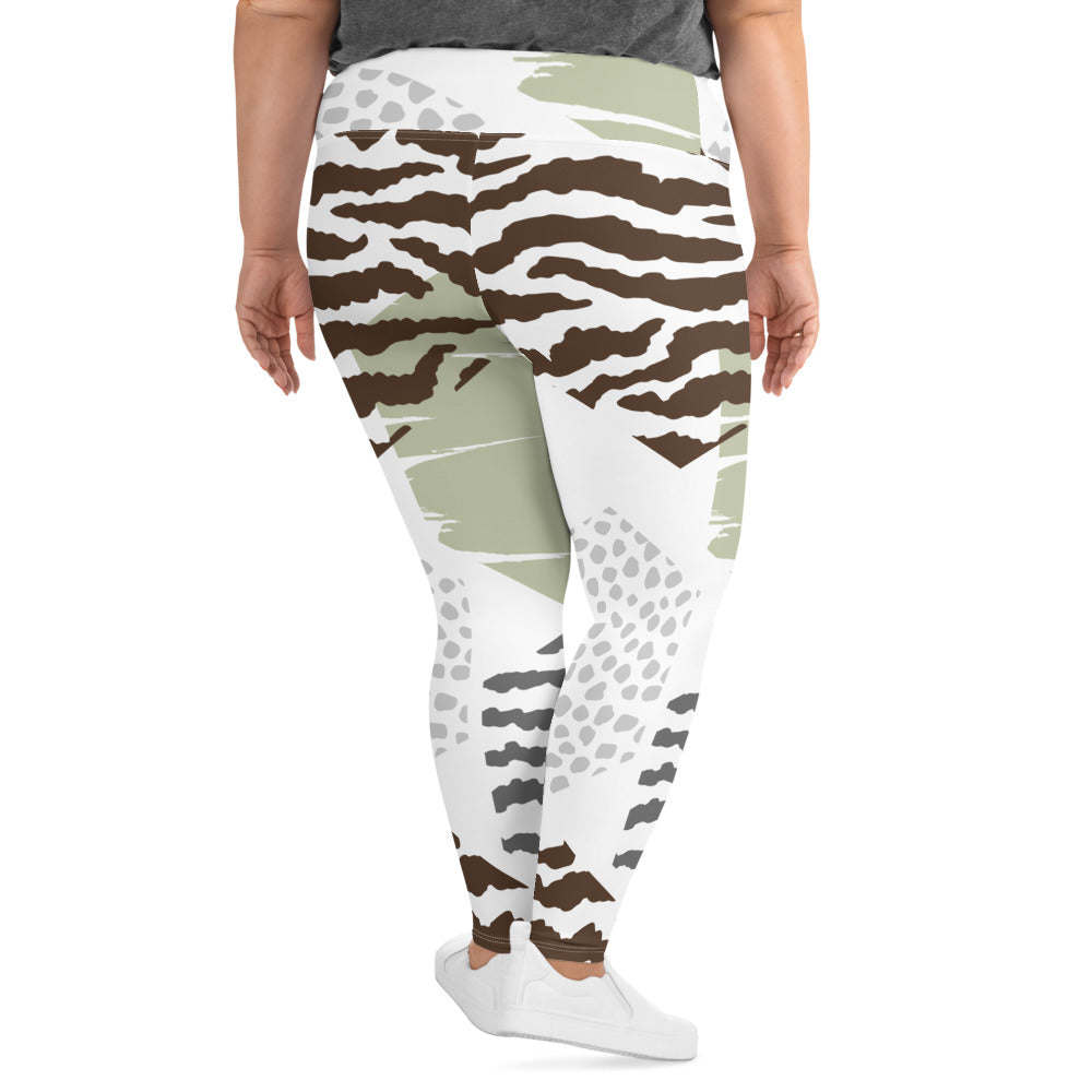 Womens Plus Size Fitness Leggings in brown green grey geometric hexagon pattern, showcasing comfort and style for active wear.