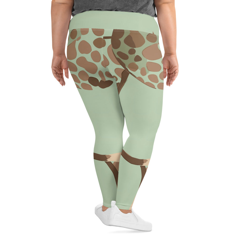 Womens Plus Size Fitness Leggings in green beige spotted print, showcasing soft fabric and a high waistband.