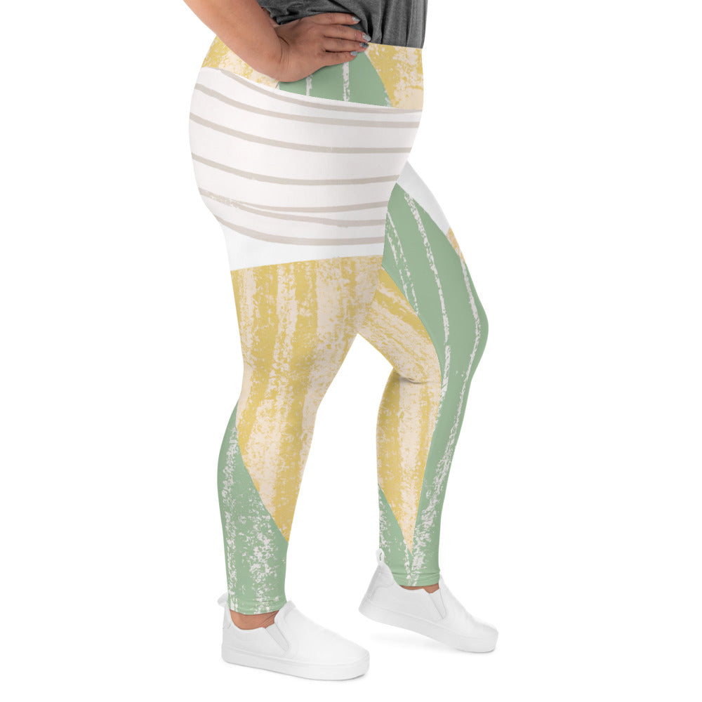 Womens Plus Size Fitness Leggings featuring a green textured boho pattern, showcasing a comfortable fit and high waistband.