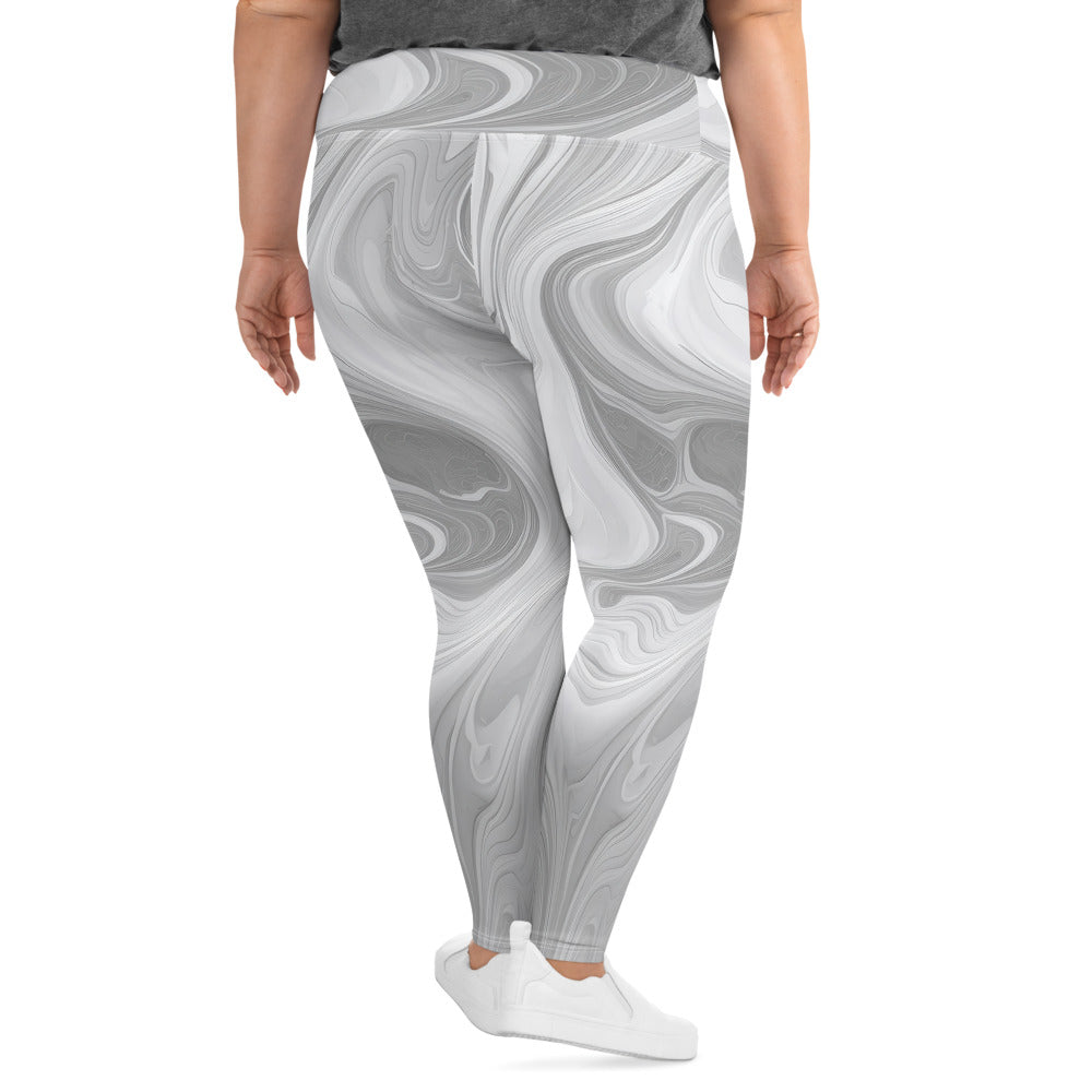 Womens Plus Size Fitness Leggings featuring a Grey White Boho Marble Print, showcasing a soft fabric and high waistband for comfort.