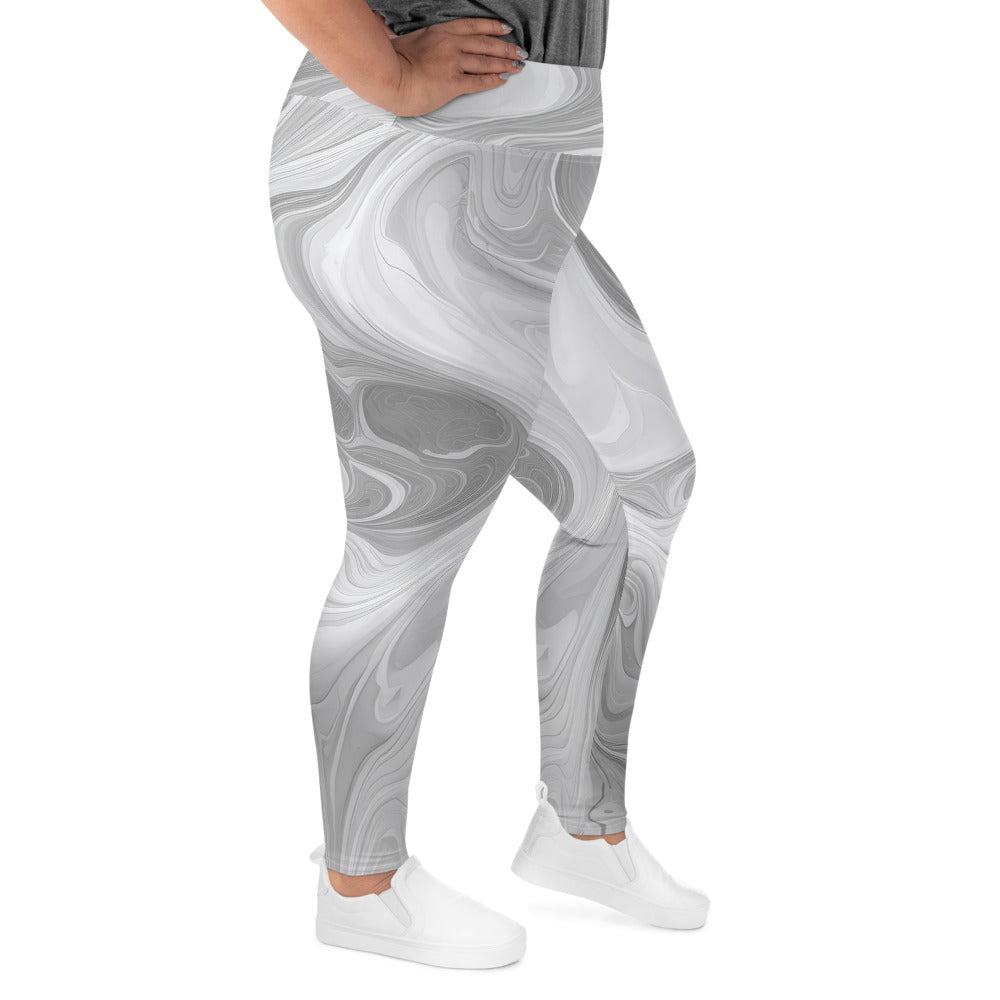 Womens Plus Size Fitness Leggings featuring a Grey White Boho Marble Print, showcasing a soft fabric and high waistband for comfort.