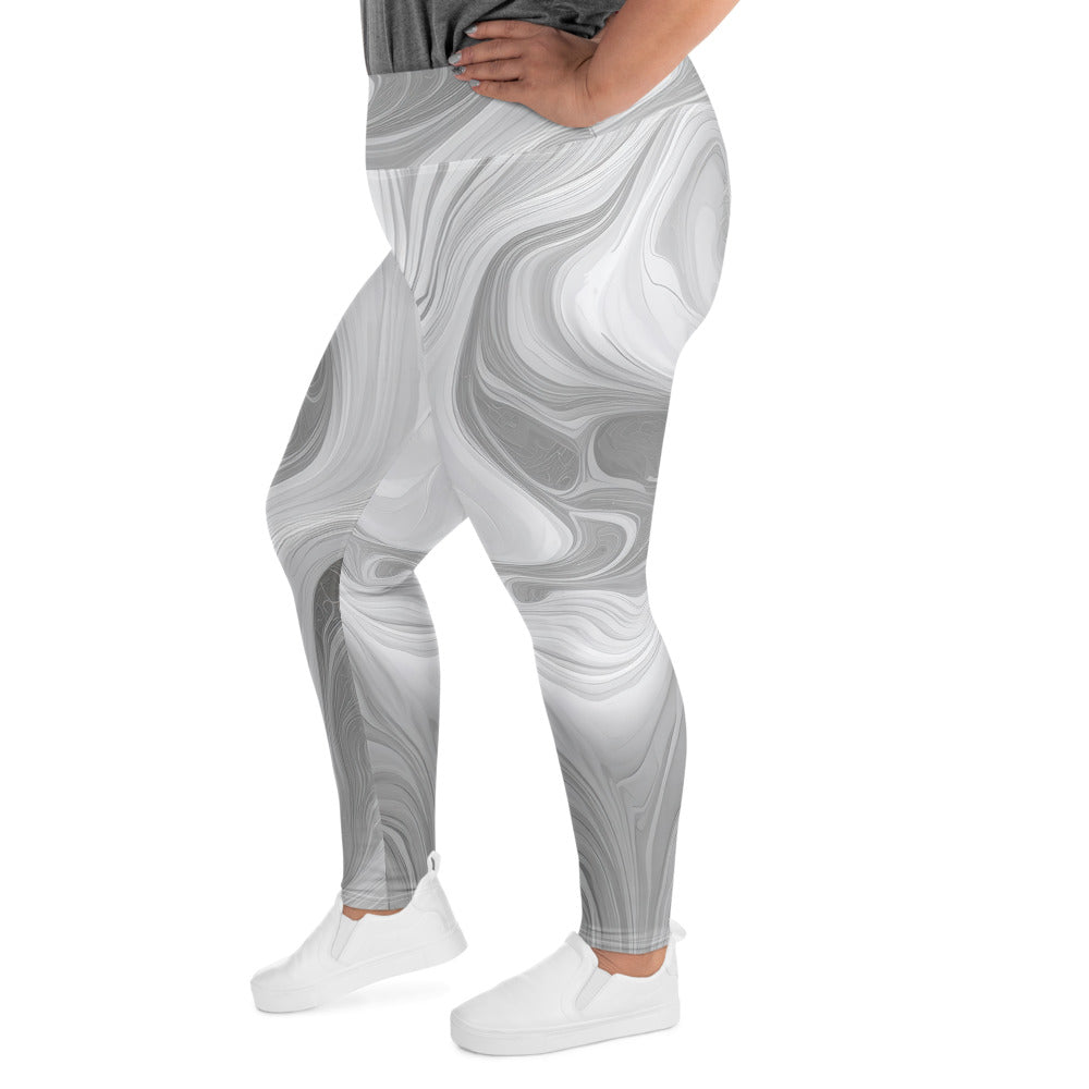 Womens Plus Size Fitness Leggings featuring a Grey White Boho Marble Print, showcasing a soft fabric and high waistband for comfort.