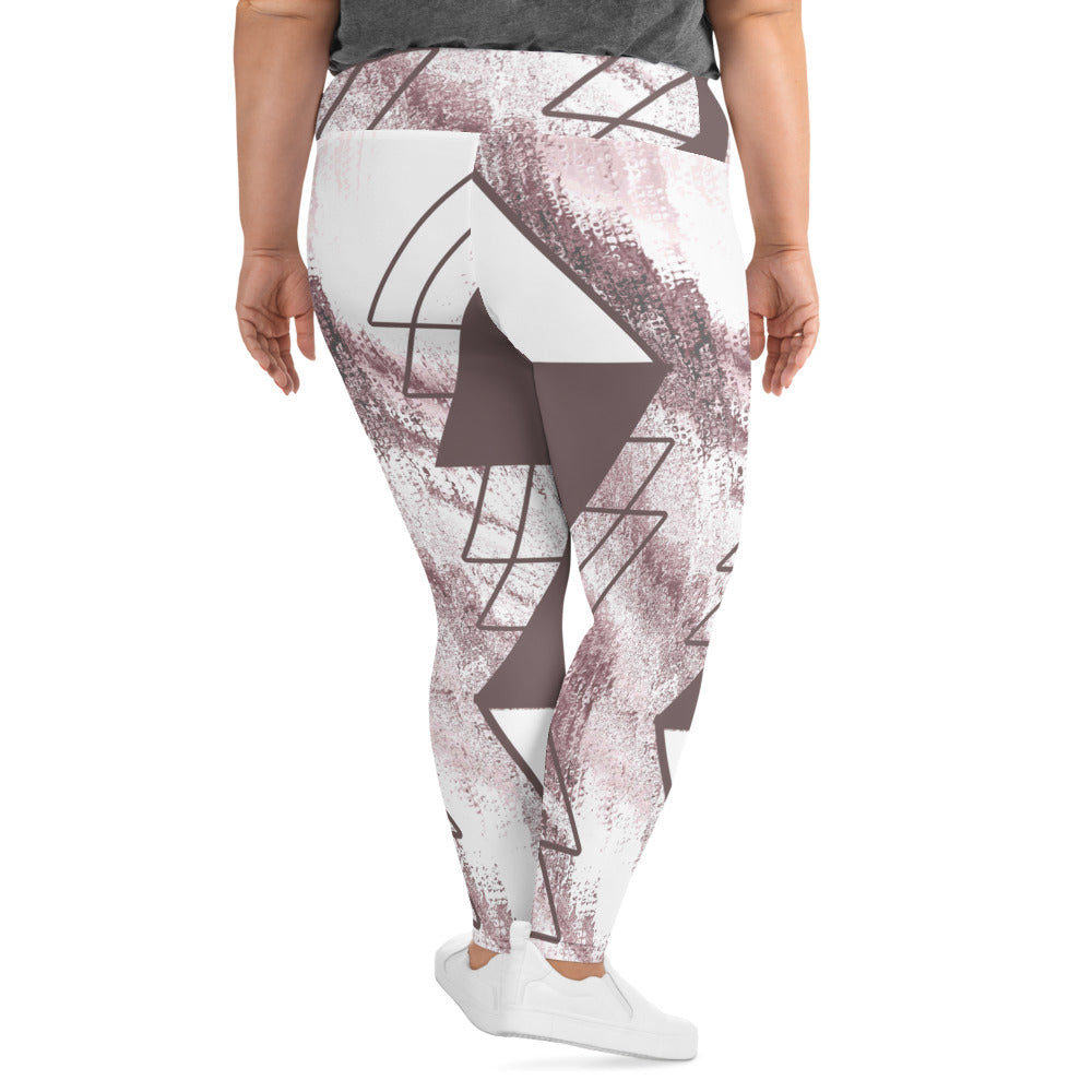 Womens Plus Size Fitness Leggings in Mauve Rose and White Triangular colorblock, showcasing soft fabric and high waistband.