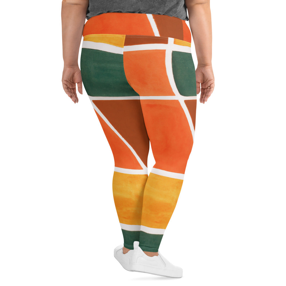 Womens Plus Size Fitness Leggings featuring a vibrant Orange Green Boho Pattern, showcasing a soft fabric and high waistband for comfort.