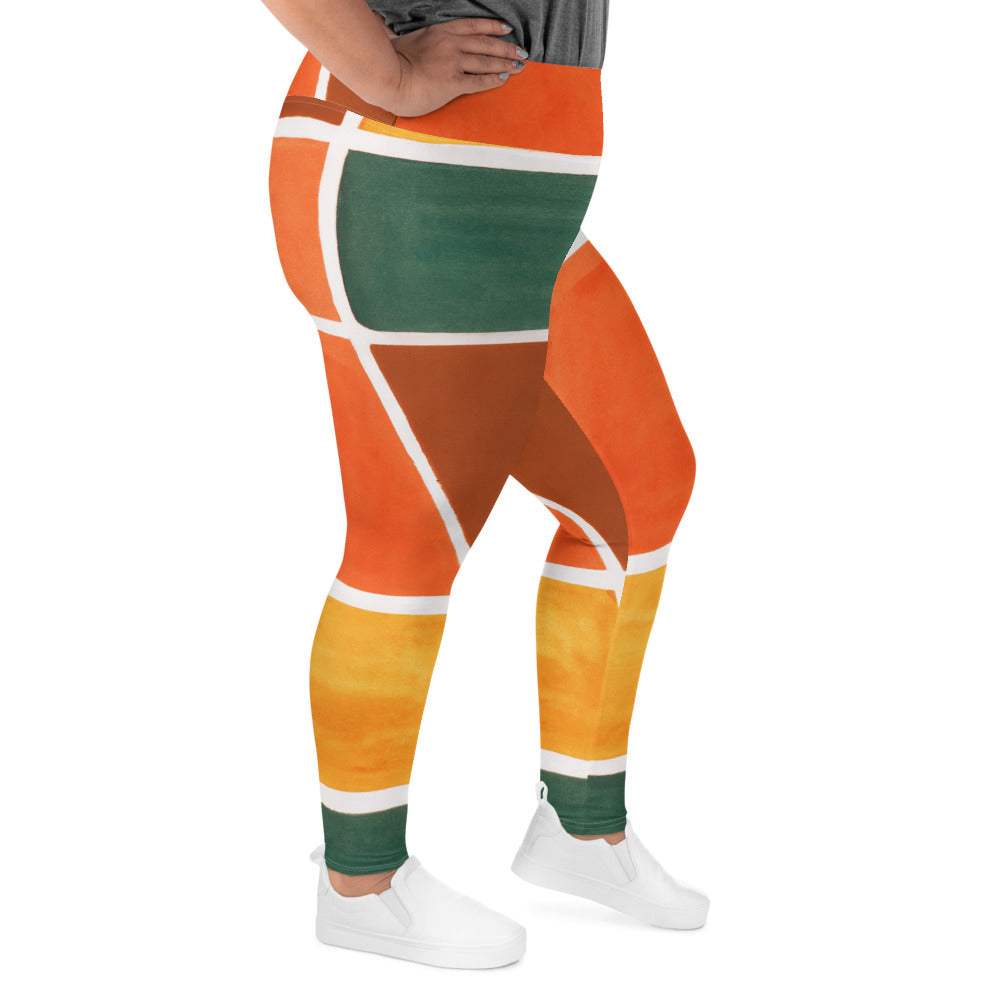 Womens Plus Size Fitness Leggings featuring a vibrant Orange Green Boho Pattern, showcasing a soft fabric and high waistband for comfort.
