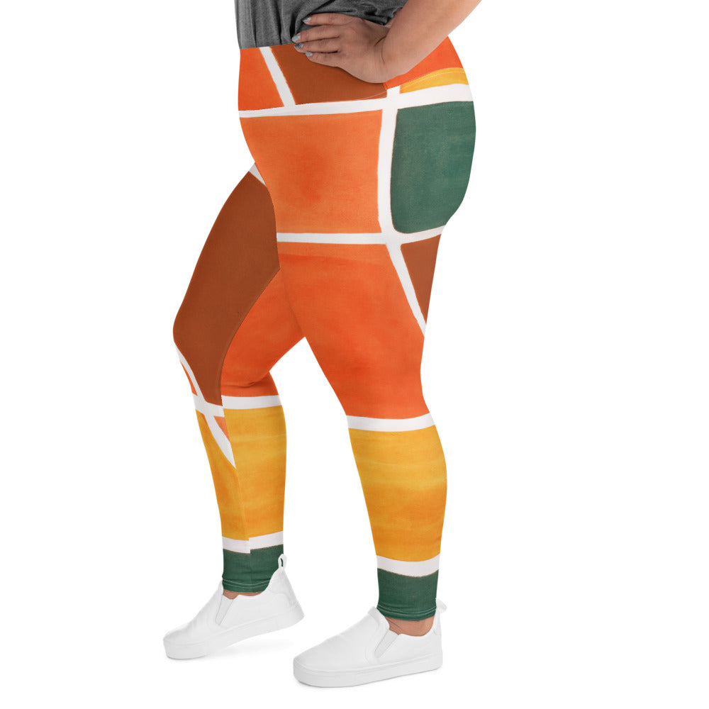 Womens Plus Size Fitness Leggings featuring a vibrant Orange Green Boho Pattern, showcasing a soft fabric and high waistband for comfort.