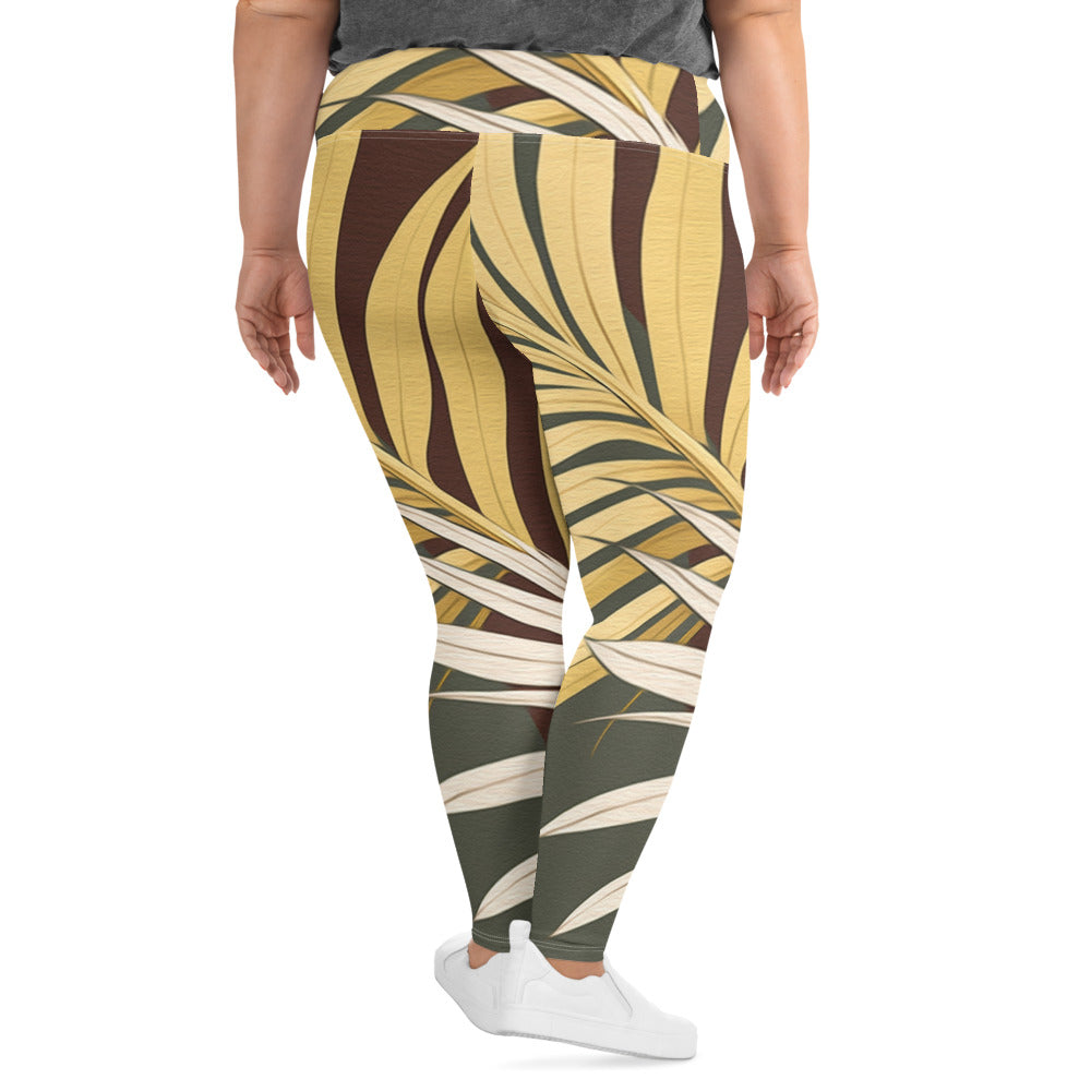 Womens Plus Size Fitness Leggings featuring a vibrant Palm Tree Leaves Pattern, showcasing the soft fabric and high waistband design.