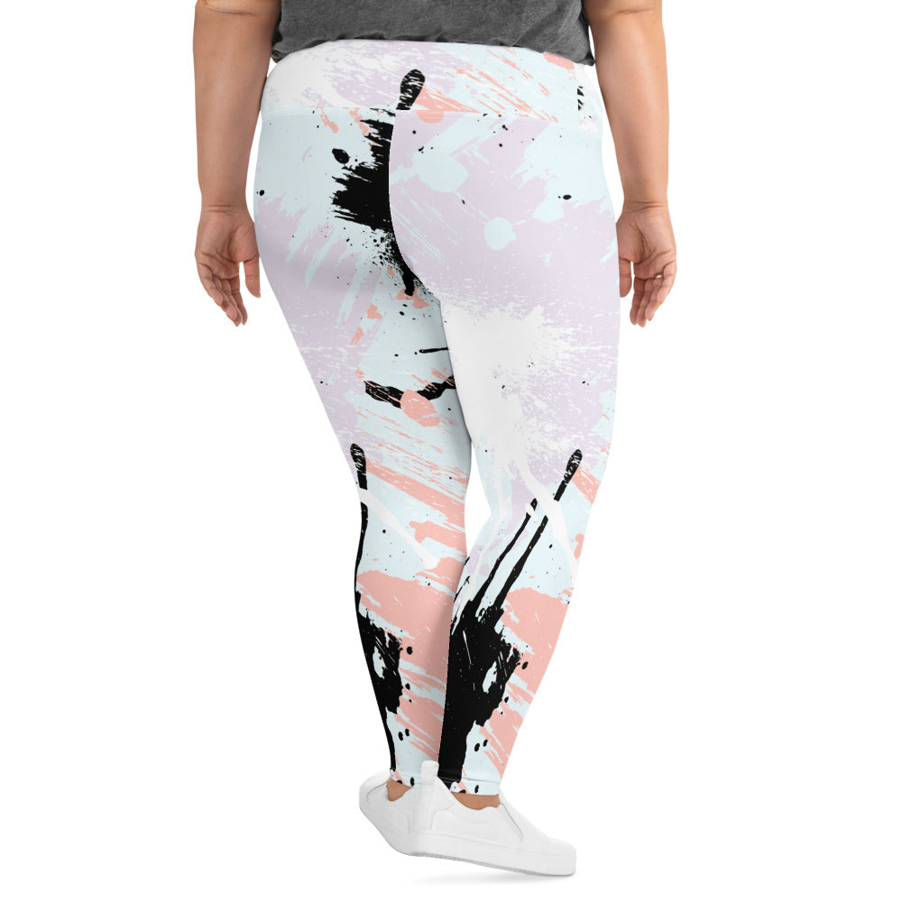 Womens Plus Size Fitness Leggings featuring a pink black abstract print, showcasing a comfortable high waistband and soft fabric.
