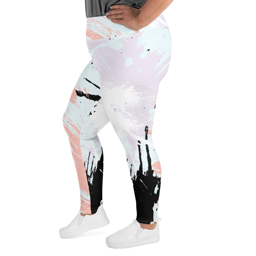 Womens Plus Size Fitness Leggings featuring a pink black abstract print, showcasing a comfortable high waistband and soft fabric.
