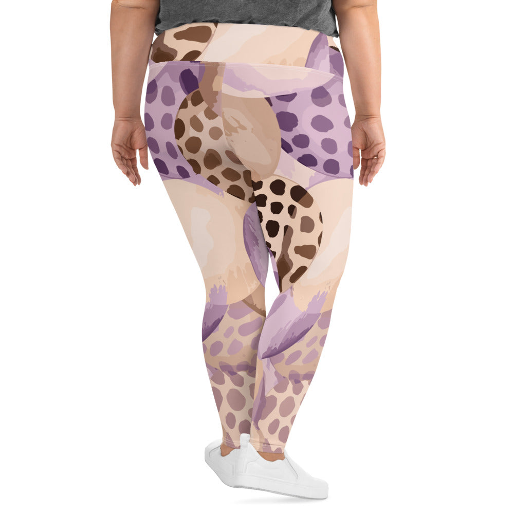 Womens Plus Size Fitness Leggings in purple lavender spotted print, showcasing a comfortable high waistband and soft fabric.