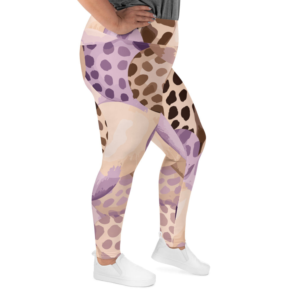 Womens Plus Size Fitness Leggings in purple lavender spotted print, showcasing a comfortable high waistband and soft fabric.