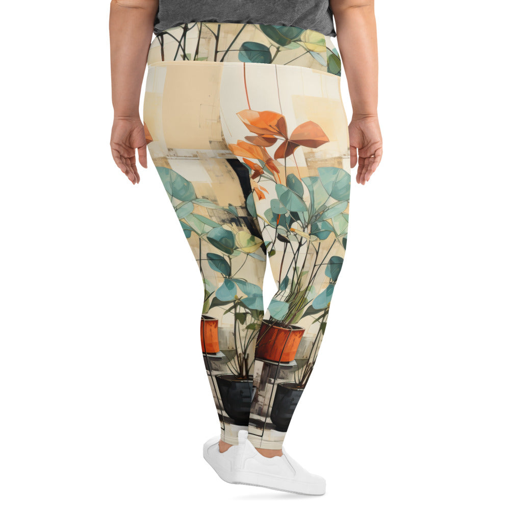 Womens Plus Size Fitness Leggings featuring a Rustic Botanical Plants design, showcasing soft fabric and a comfortable high waistband.