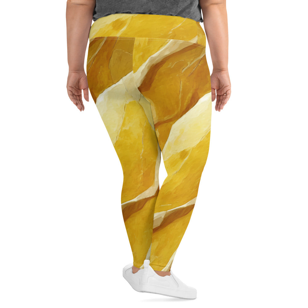 Womens Plus Size Fitness Leggings in rustic yellow stone print, showcasing a soft fabric and high waistband for comfort.