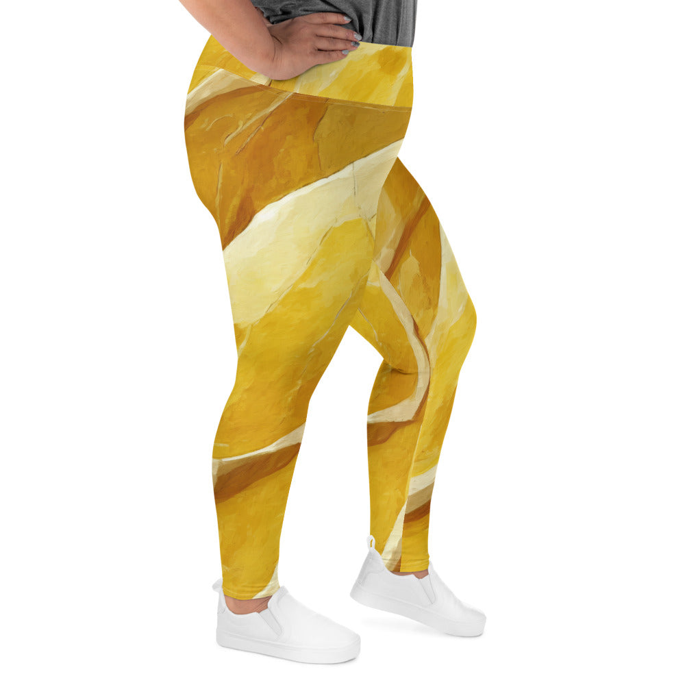 Womens Plus Size Fitness Leggings in rustic yellow stone print, showcasing a soft fabric and high waistband for comfort.