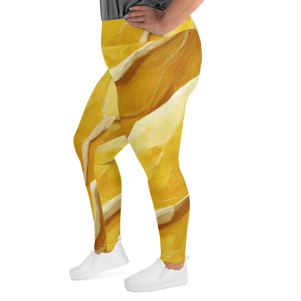 Womens Plus Size Fitness Leggings in rustic yellow stone print, showcasing a soft fabric and high waistband for comfort.