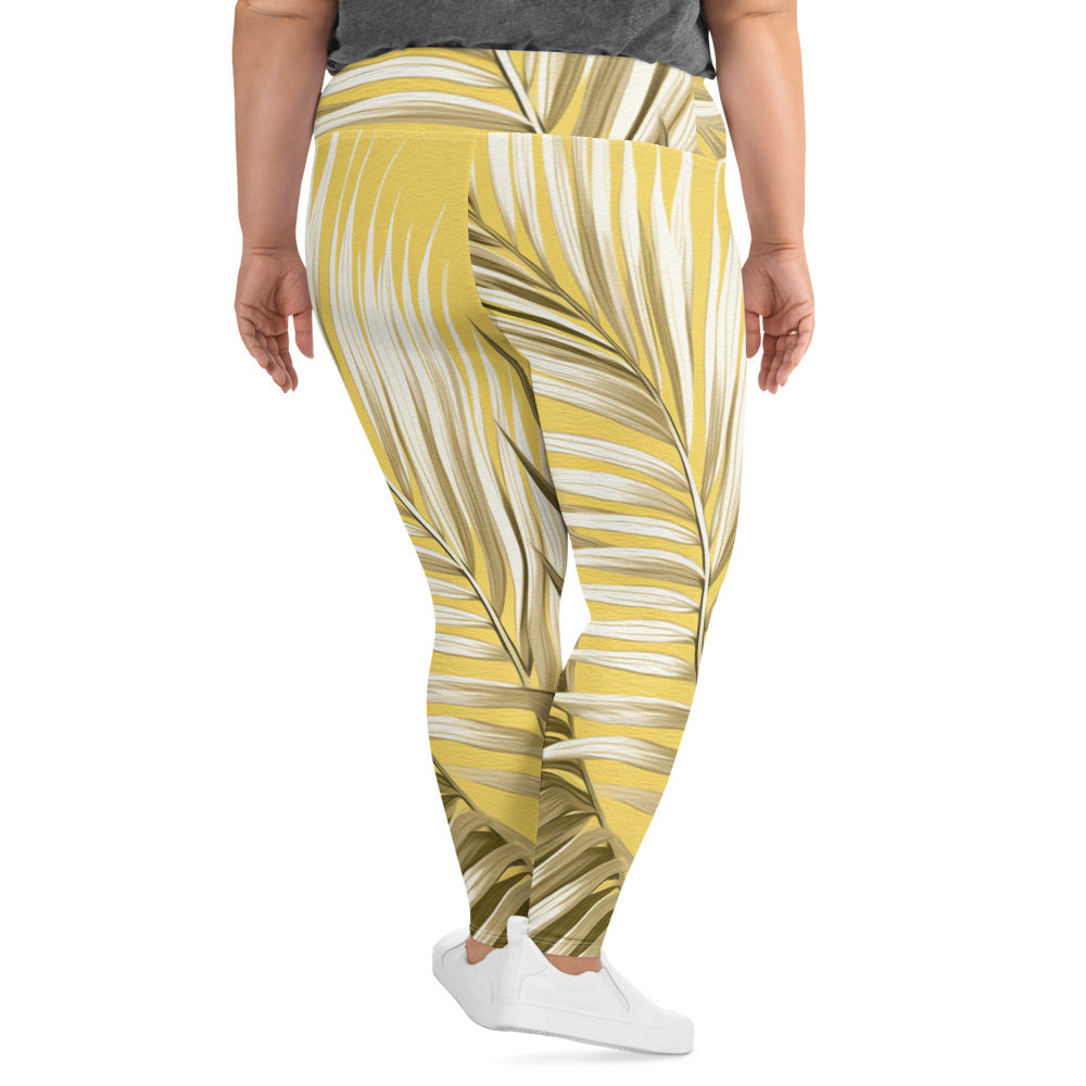 Womens Plus Size Fitness Leggings in white and brown palm leaves design, showcasing soft fabric and high waistband.