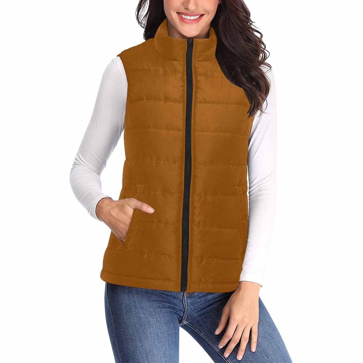 Women's Brown Puffer Vest Jacket featuring a quilted design, zipper closure, and two large pockets, perfect for layering in cold weather.