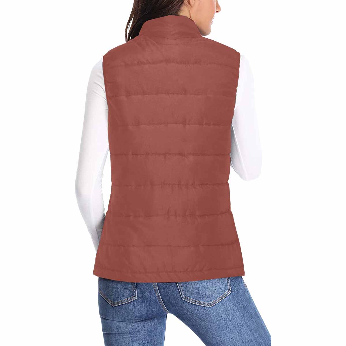 Womens Puffer Vest Jacket in Cognac Red, featuring a quilted design, zipper closure, and two large pockets.