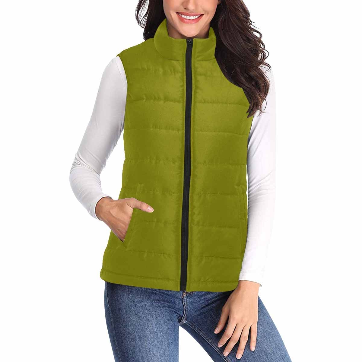 Women's Puffer Vest Jacket in Dark Olive Green, featuring a quilted design, zipper closure, and large pockets.