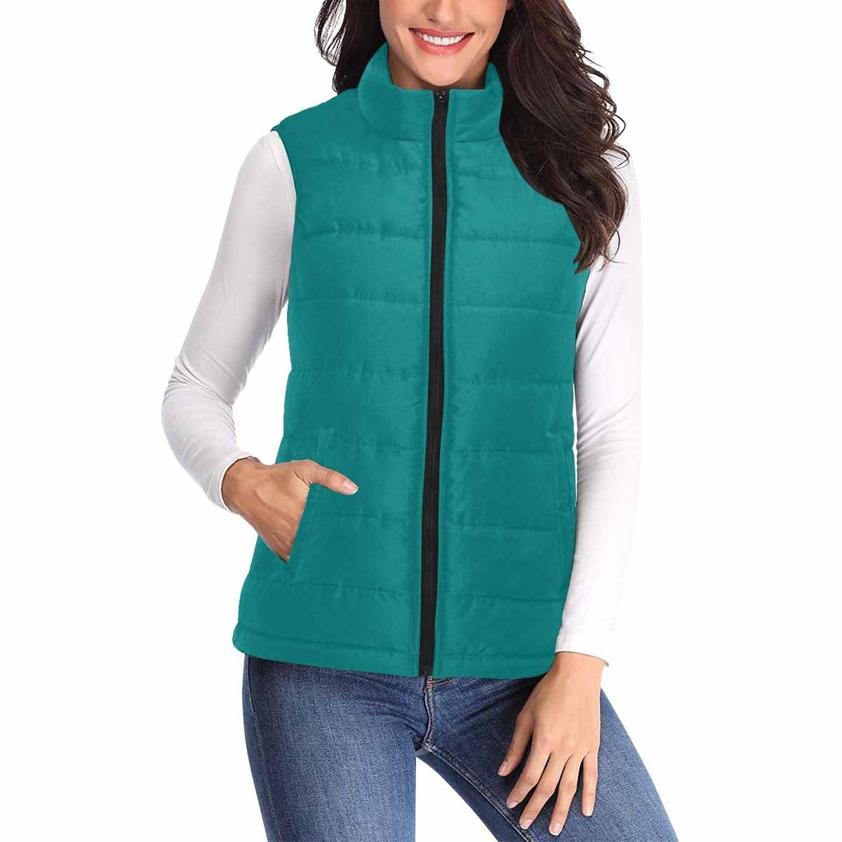 Women's Dark Teal Green Puffer Vest Jacket with zipper closure and large pockets, showcasing a stylish quilted design.