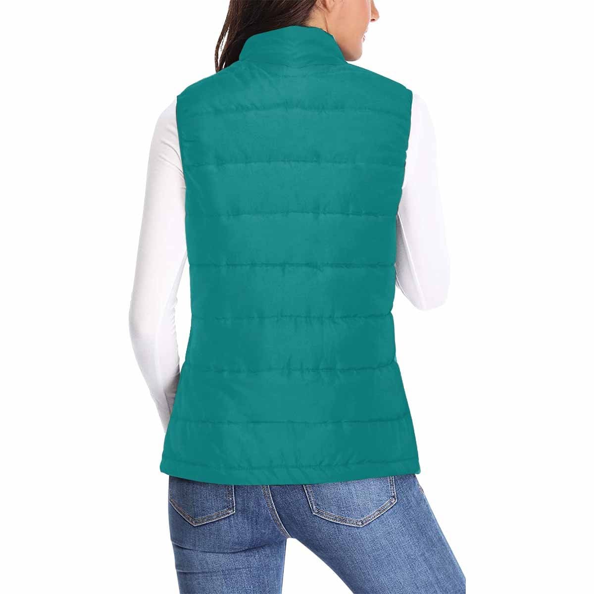 Women's Dark Teal Green Puffer Vest Jacket with zipper closure and large pockets, showcasing a stylish quilted design.