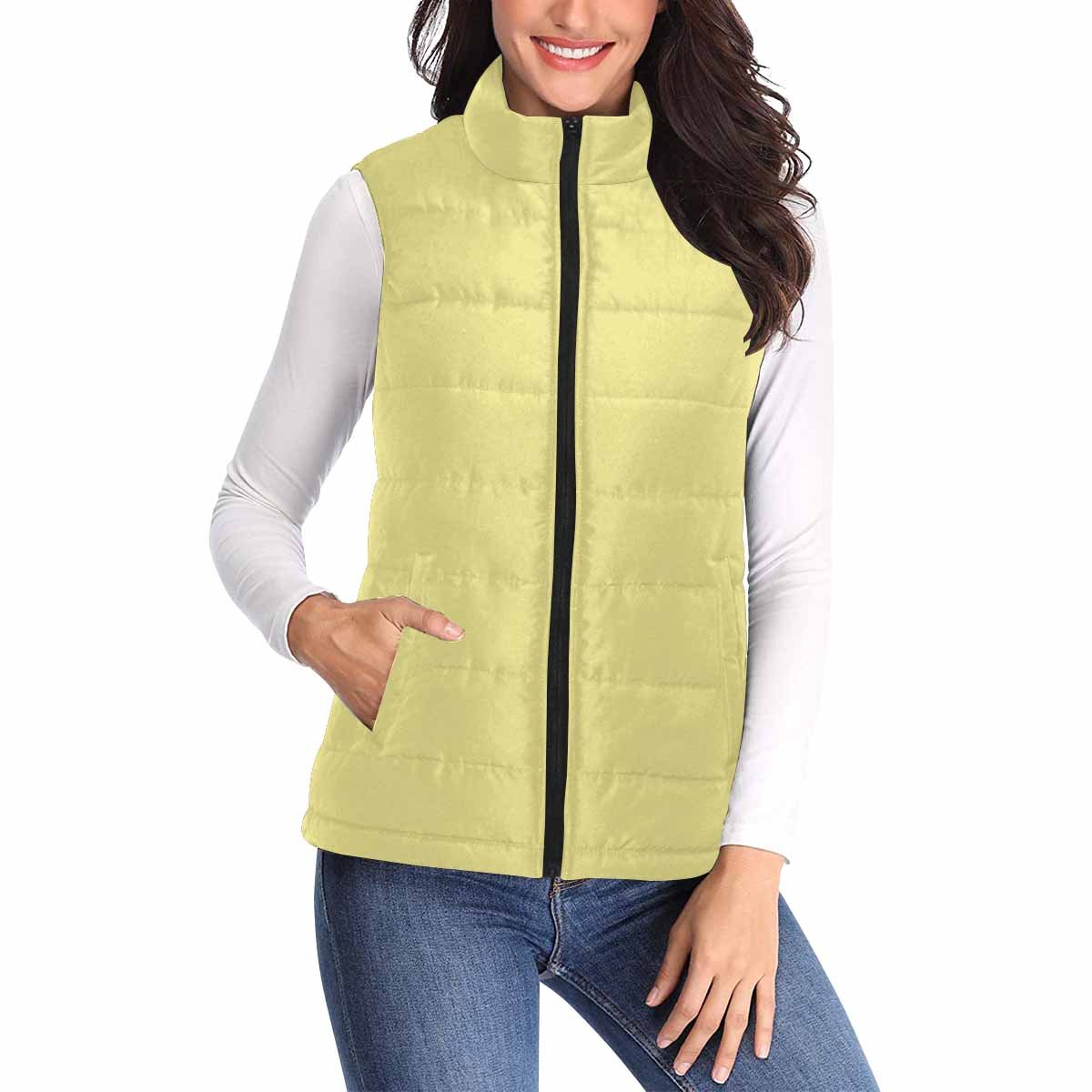 Womens Puffer Vest Jacket in Khaki Yellow, featuring a quilted design, zipper closure, and two large pockets, perfect for layering in cold weather.
