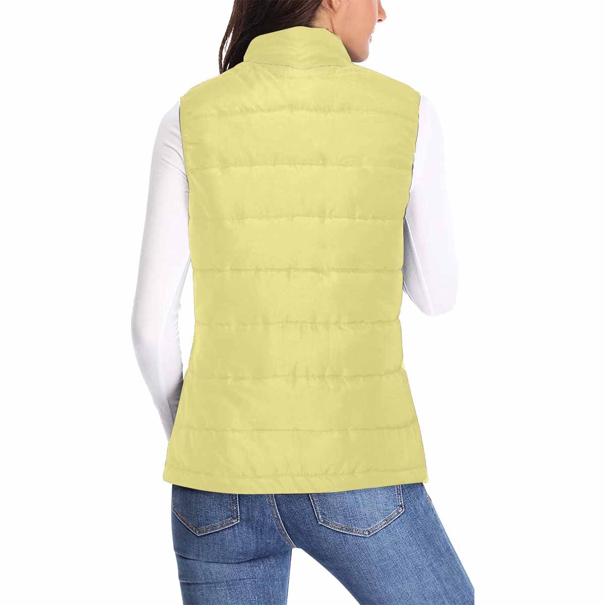 Womens Puffer Vest Jacket in Khaki Yellow, featuring a quilted design, zipper closure, and two large pockets, perfect for layering in cold weather.