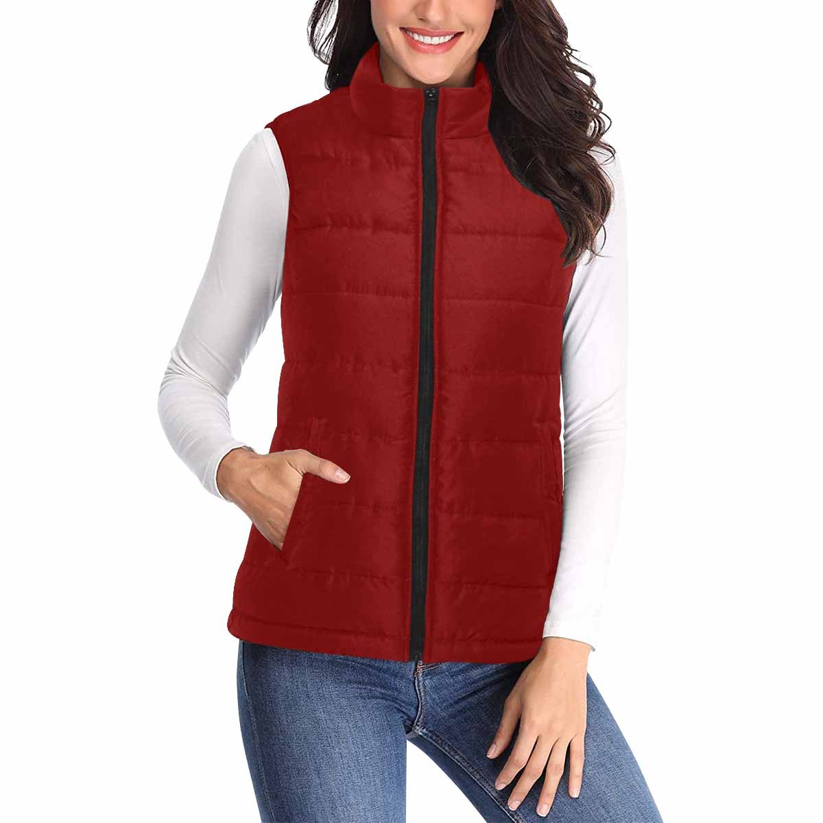 Womens Puffer Vest Jacket in Maroon Red, featuring a quilted design and zipper closure, perfect for stylish warmth.