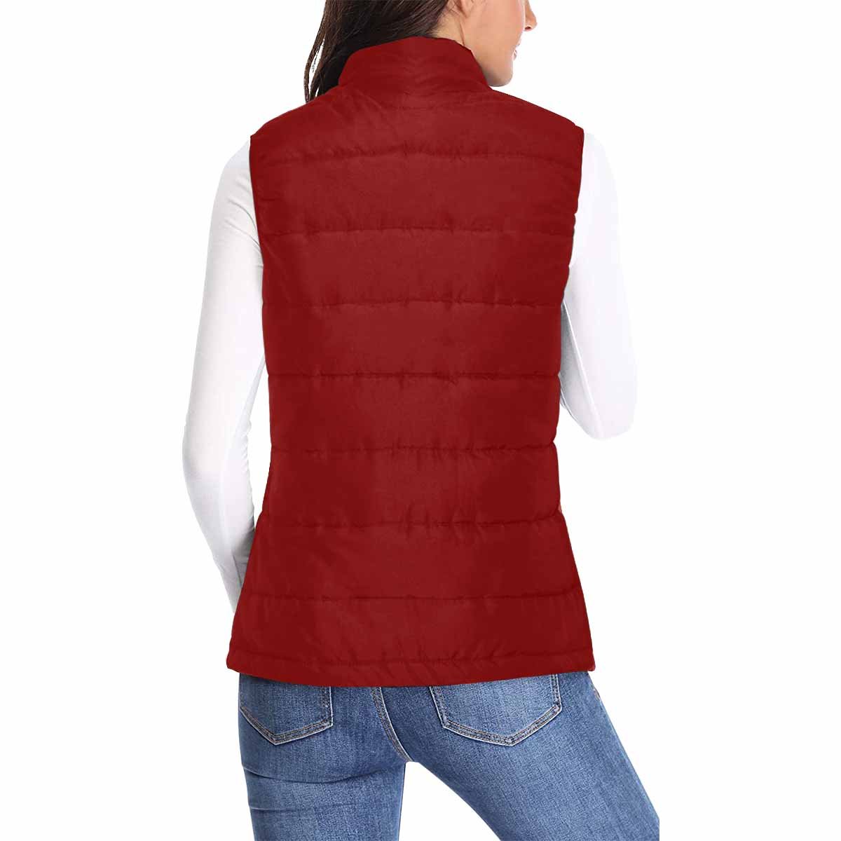 Womens Puffer Vest Jacket in Maroon Red, featuring a quilted design and zipper closure, perfect for stylish warmth.