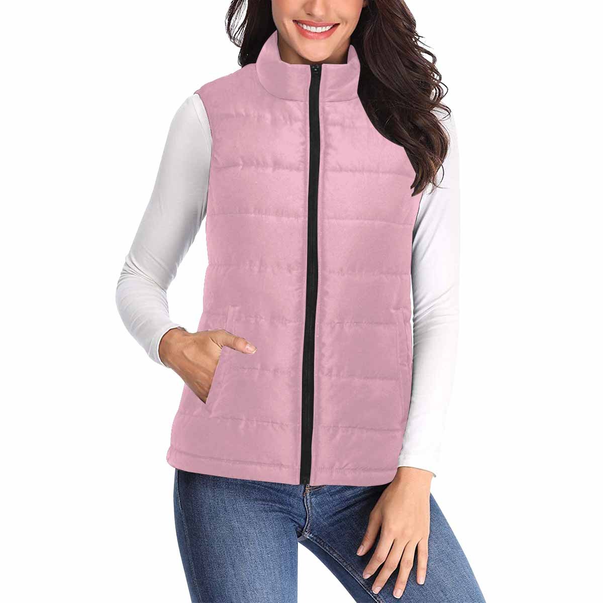 Womens Puffer Vest Jacket in Rosewater Red, featuring a quilted design and zipper closure, ideal for stylish warmth.
