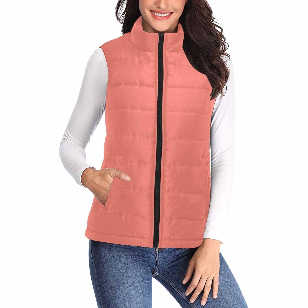 Women's Salmon Red Puffer Vest Jacket with zipper closure and large pockets, perfect for layering in cold weather.