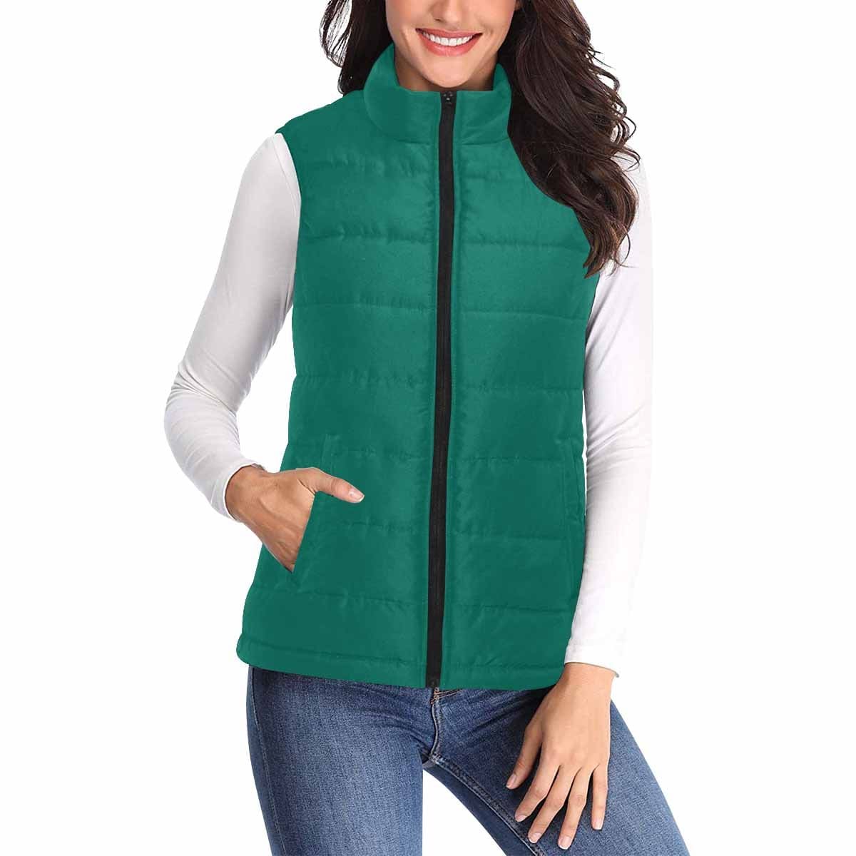 Women's Puffer Vest Jacket in Teal Green, featuring a quilted design and zipper closure, perfect for layering in cooler weather.