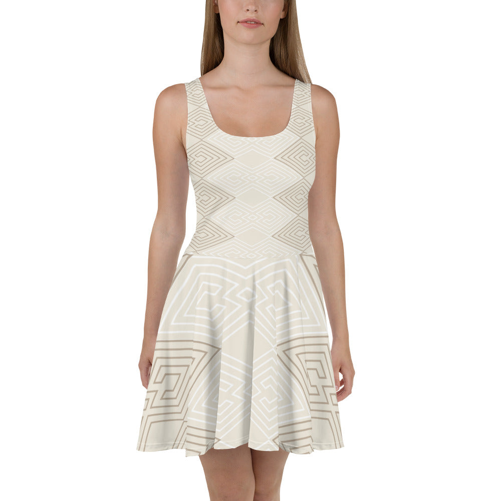 A stylish Women's Skater Dress featuring a beige brown Aztec geometric print, showcasing a flattering A-line silhouette and sleeveless design.