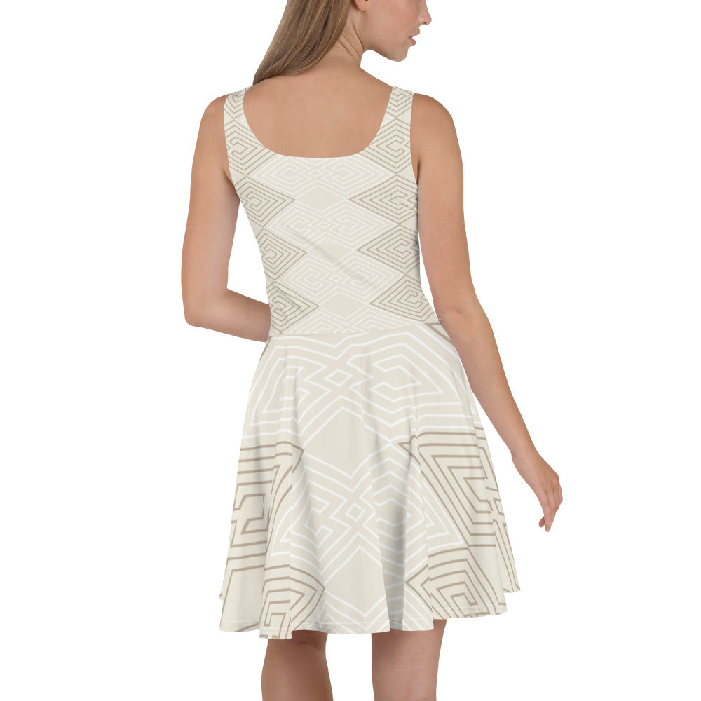 A stylish Women's Skater Dress featuring a beige brown Aztec geometric print, showcasing a flattering A-line silhouette and sleeveless design.