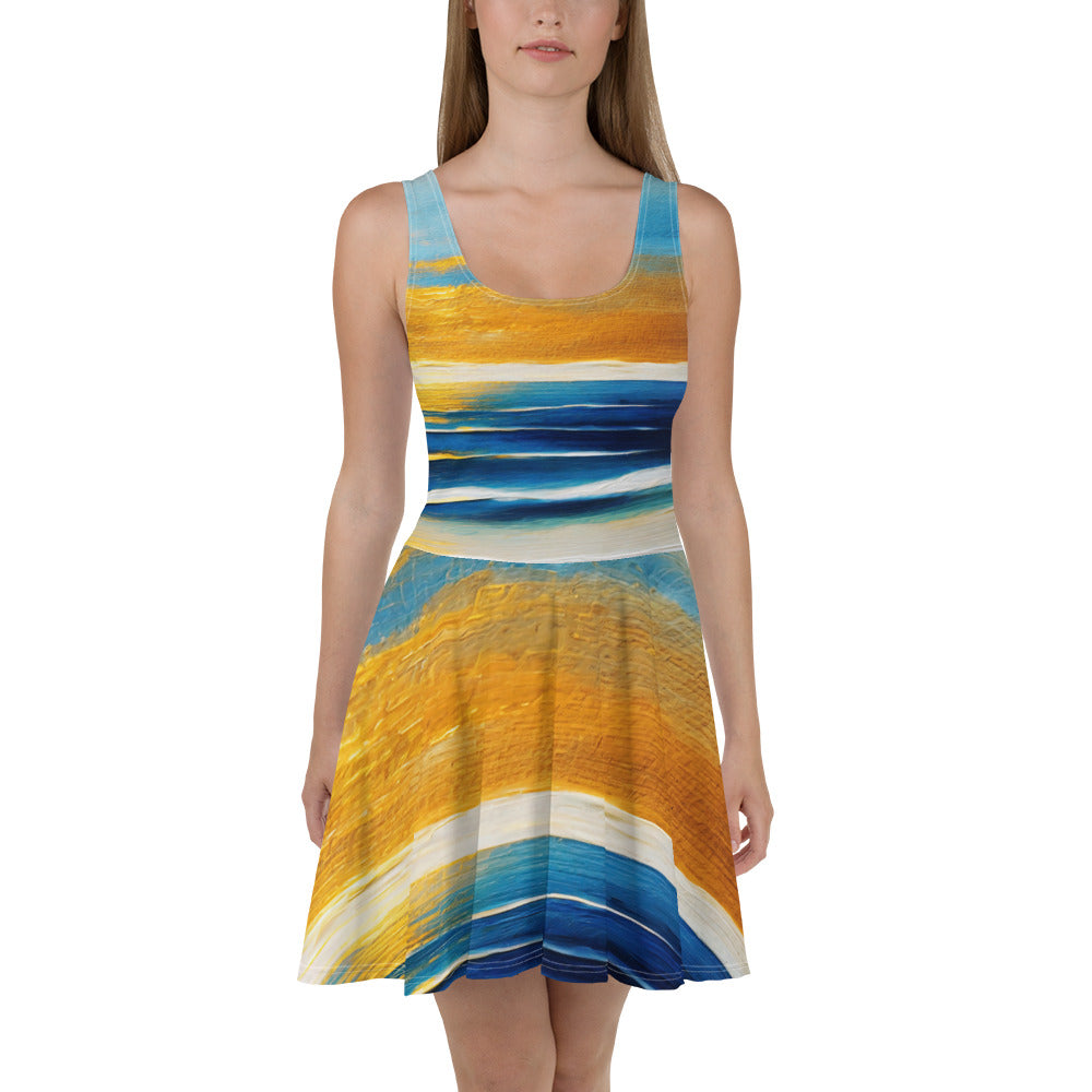 A stylish women's skater dress featuring a Blue Ocean Golden Sunset Print, showcasing a flattering A-line silhouette and sleeveless design.