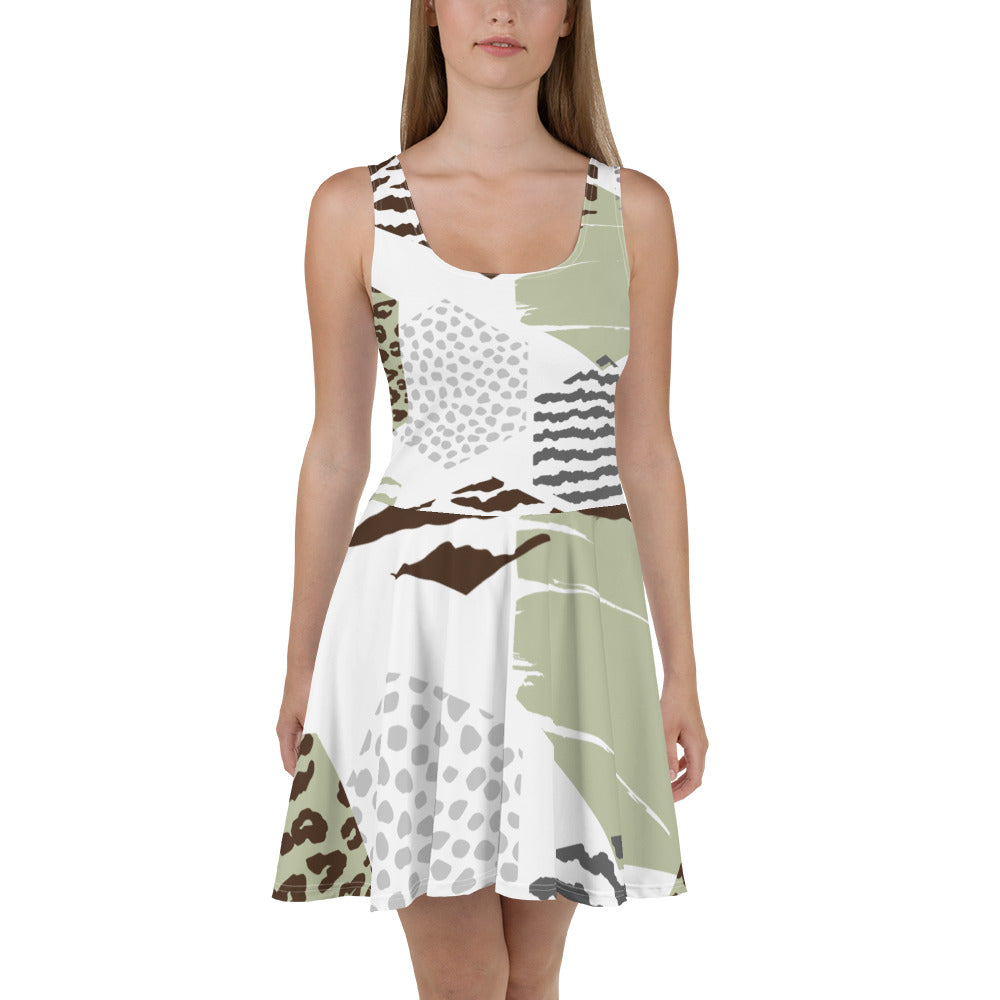 A stylish women's skater dress featuring a brown green grey geometric hexagon print, showcasing a flattering A-line silhouette and sleeveless design.