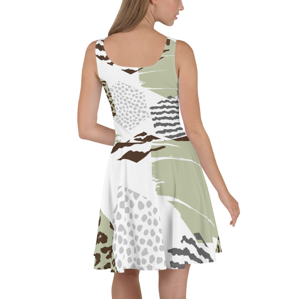 A stylish women's skater dress featuring a brown green grey geometric hexagon print, showcasing a flattering A-line silhouette and sleeveless design.