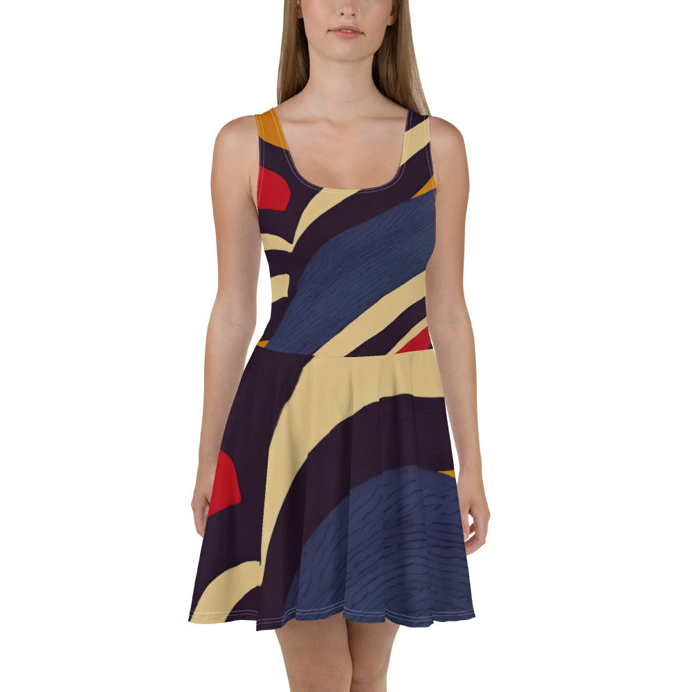 A stylish Women's Skater Dress featuring a Brown Red Blue Colorblock design, showcasing a flattering A-line silhouette and sleeveless style.