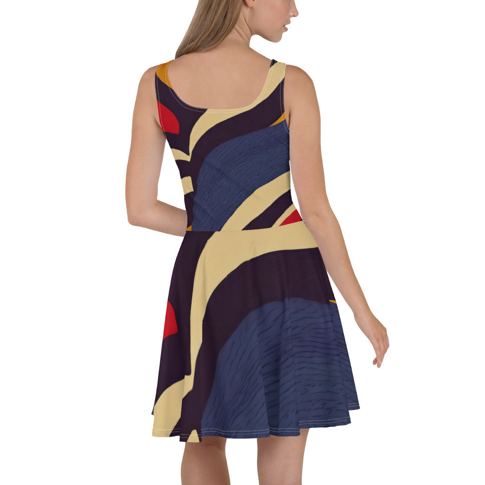 A stylish Women's Skater Dress featuring a Brown Red Blue Colorblock design, showcasing a flattering A-line silhouette and sleeveless style.