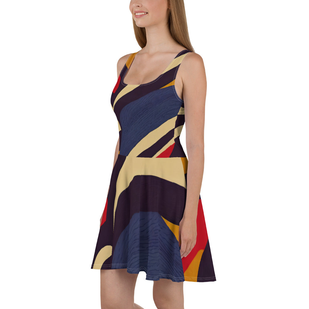 A stylish Women's Skater Dress featuring a Brown Red Blue Colorblock design, showcasing a flattering A-line silhouette and sleeveless style.