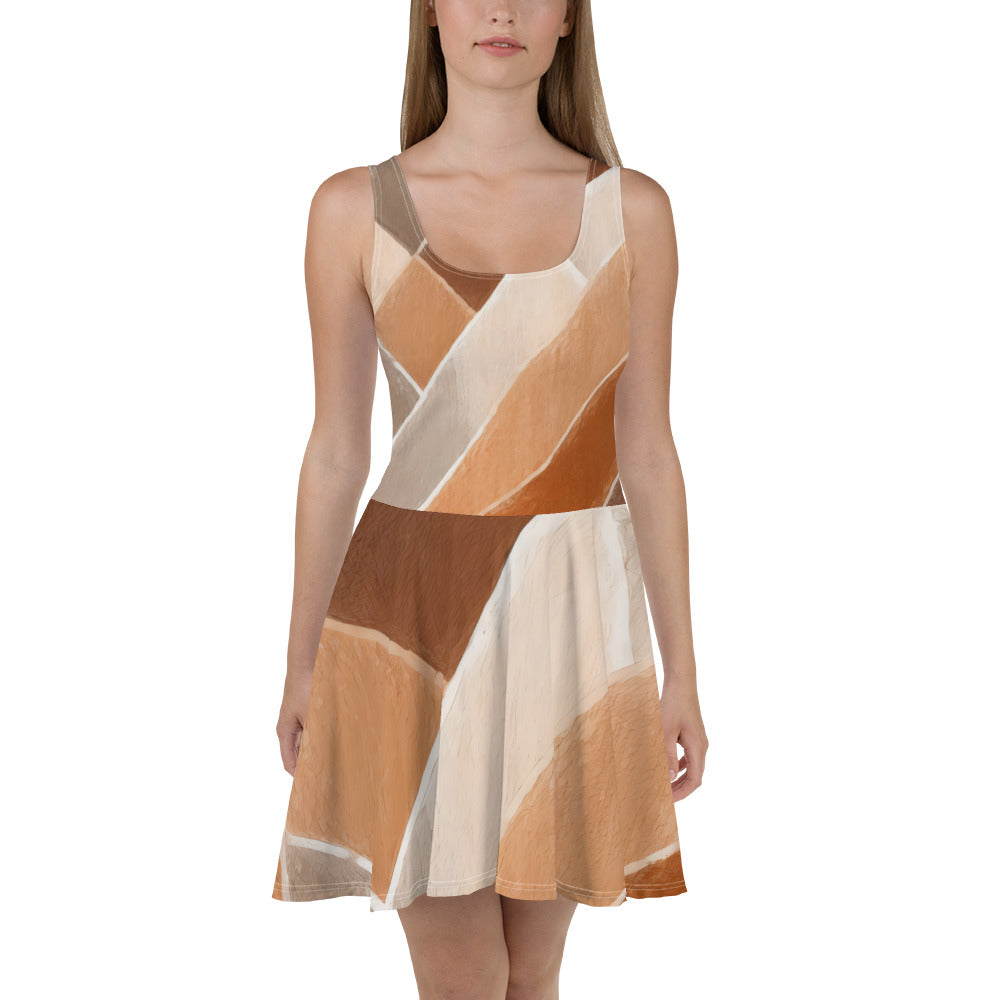 A stylish women's skater dress featuring a brown rustic watercolors print, showcasing a flattering A-line silhouette and sleeveless design.