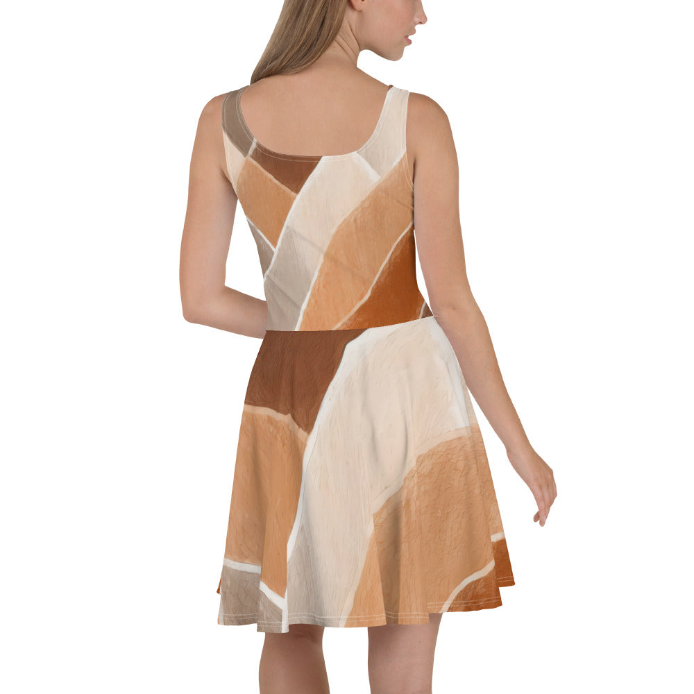 A stylish women's skater dress featuring a brown rustic watercolors print, showcasing a flattering A-line silhouette and sleeveless design.