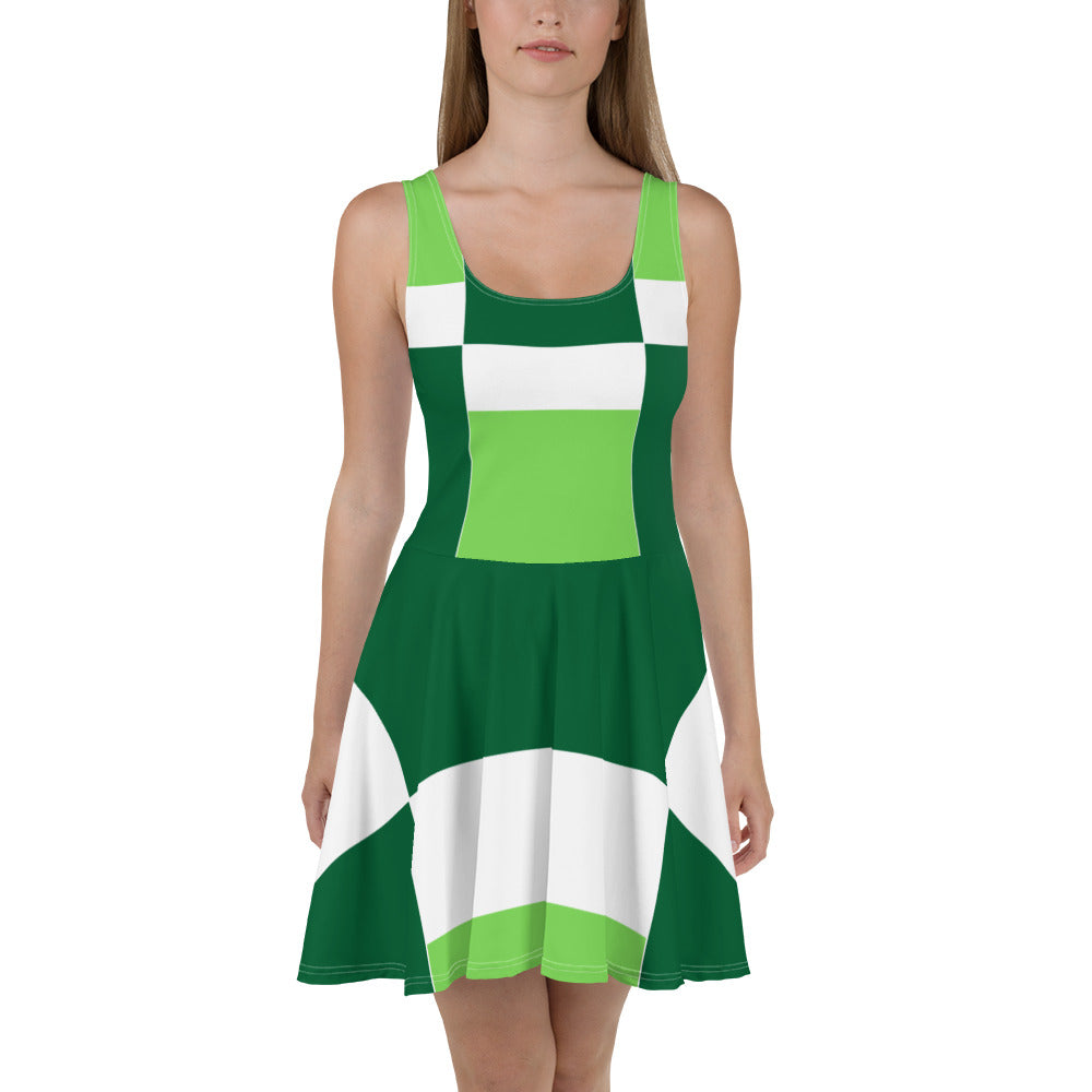 A stylish Women's Skater Dress featuring a Green White Colorblock design, showcasing a flattering A-line silhouette and sleeveless style.