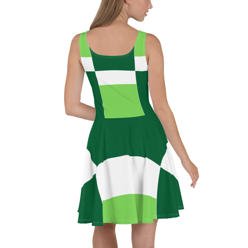 A stylish Women's Skater Dress featuring a Green White Colorblock design, showcasing a flattering A-line silhouette and sleeveless style.